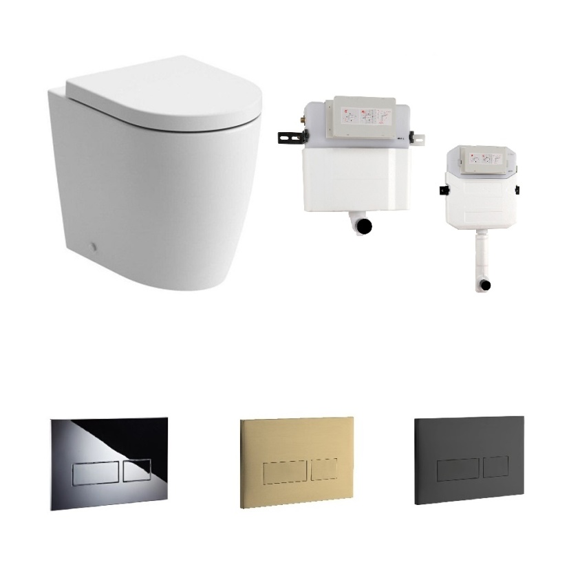 Product bundle cutout images of Zero 3 Back to Wall Toilet with Soft Close Seat and Crosswater Standard Height or Taller Cistern & choice of coloured MPRO toilet flush button ZERO2BTWSC  WCC47X46+2 WCC57X46+2 TEFLUSHC+ PROFLUSHB PROFLUSHF